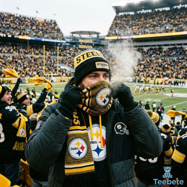Steelers Fan Using Scarf For Wind Protection Stadium