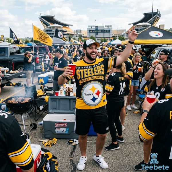 Steelers Fan Wearing Graphic Shirt At Tailgate Party Steelers Fan Wearing Graphic Shirt At Tailgate Party