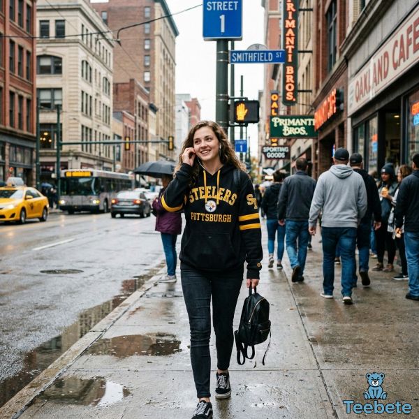 Young Steelers Fan Wearing Team Hoodie In City