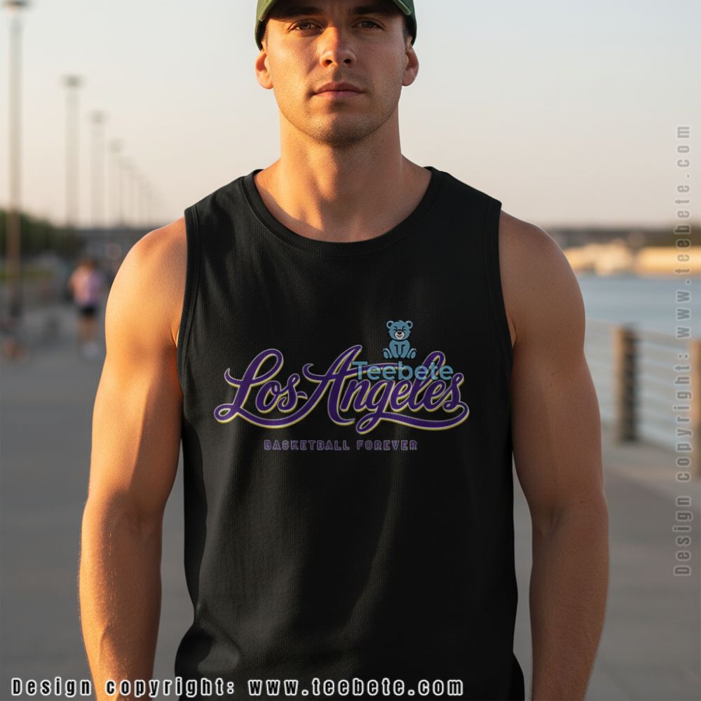 LA Basketball Retro Script Cursive Purple Gold Fan Tanktop LA Basketball Retro Script Cursive Purple Gold Fan Tanktop