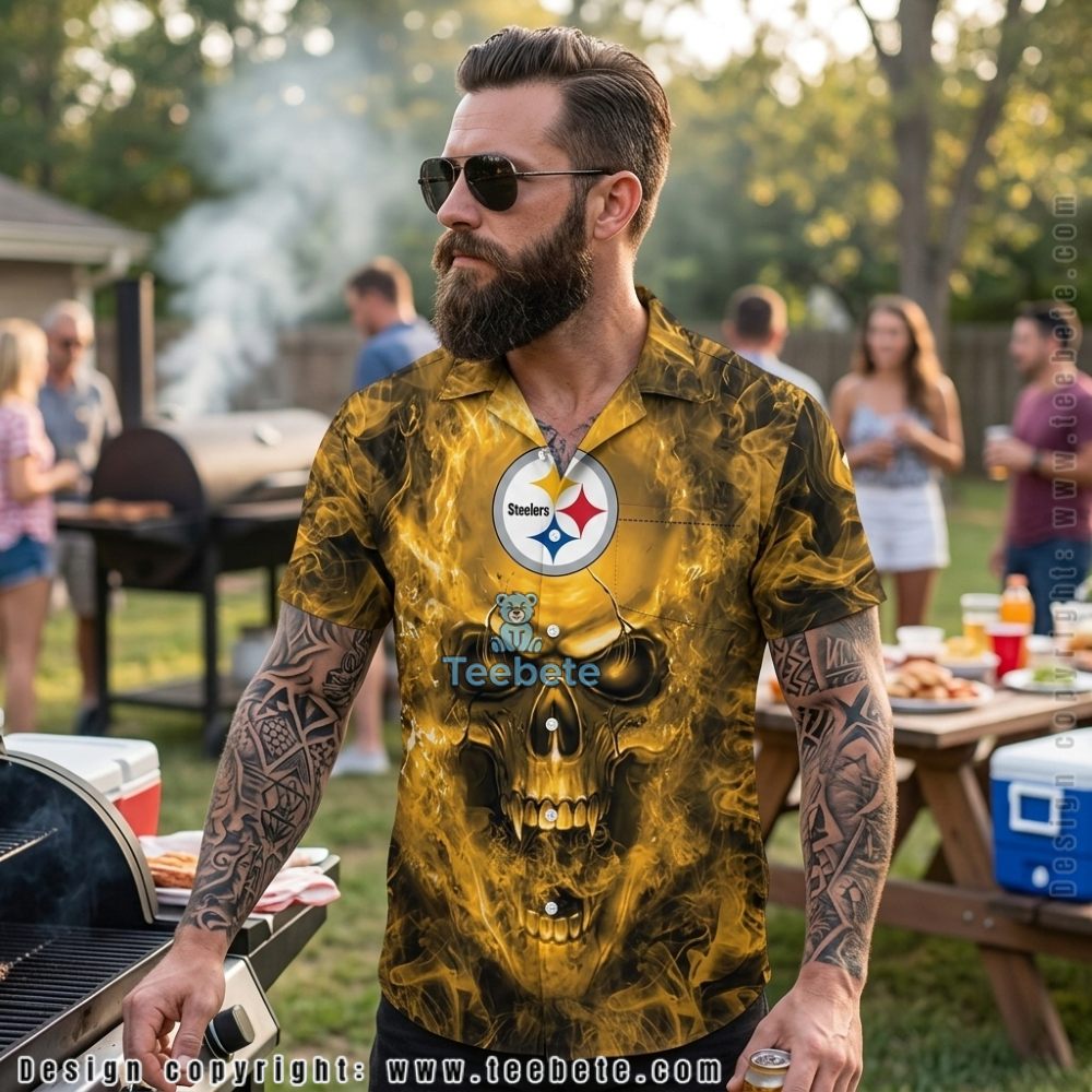 Pittsburgh Steelers Hibiscus Flower Tropical Pattern Button Down Aloha Shirt Pittsburgh Steelers Hibiscus Flower Tropical Pattern Button Down Aloha Shirt