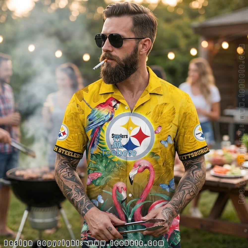 Pittsburgh Steelers Hibiscus Flower Tropical Pattern Button Down Aloha Shirt Pittsburgh Steelers Hibiscus Flower Tropical Pattern Button Down Aloha Shirt