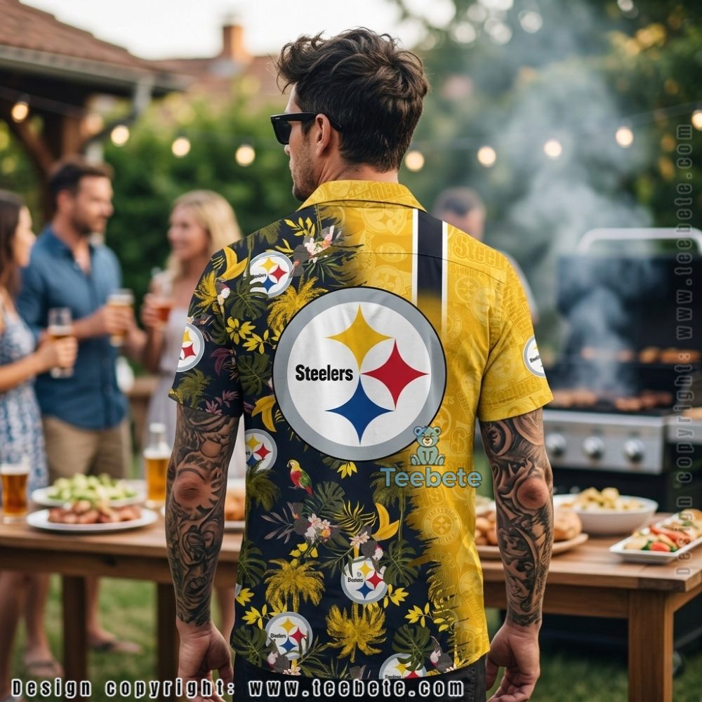 Pittsburgh Steelers Hibiscus Flower Tropical Pattern Button Down Aloha Shirt Version 2 Pittsburgh Steelers Hibiscus Flower Tropical Pattern Button Down Aloha Shirt Version 2