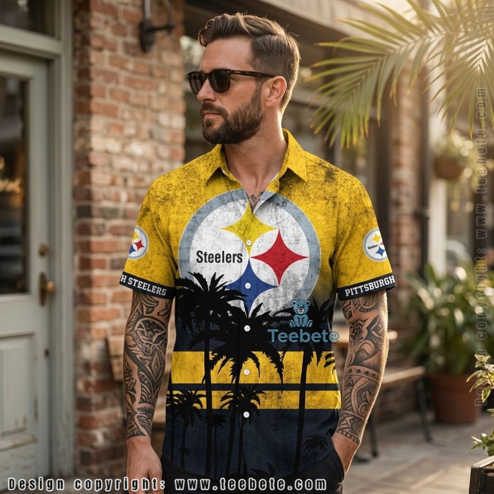 Pittsburgh Steelers Palm Tree Pattern Yellow Summer Hawaiian Shirt