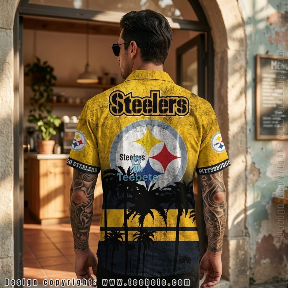 Pittsburgh Steelers Palm Tree Pattern Yellow Summer Hawaiian Shirt Version 2 Pittsburgh Steelers Palm Tree Pattern Yellow Summer Hawaiian Shirt Version 2