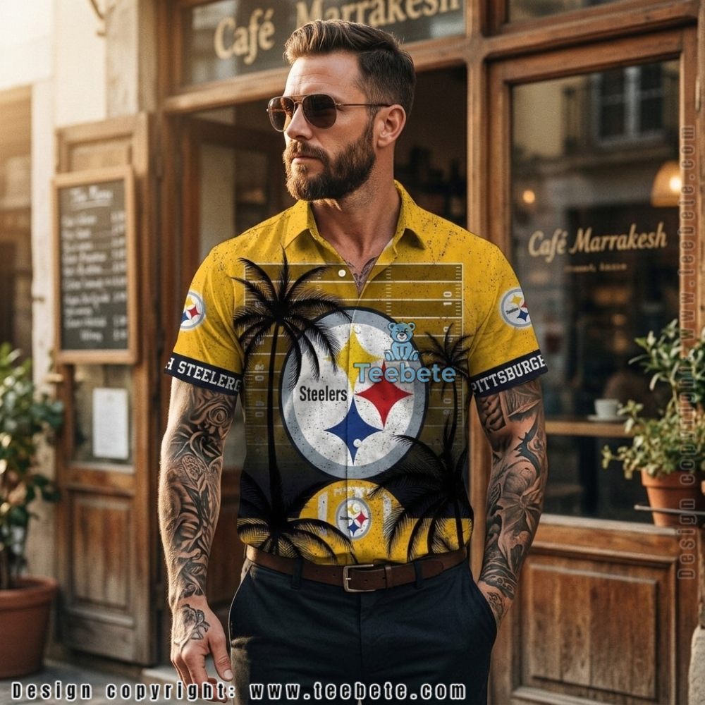 Pittsburgh Steelers Palm Tree Pattern Yellow Summer Hawaiian Shirt Pittsburgh Steelers Palm Tree Pattern Yellow Summer Hawaiian Shirt