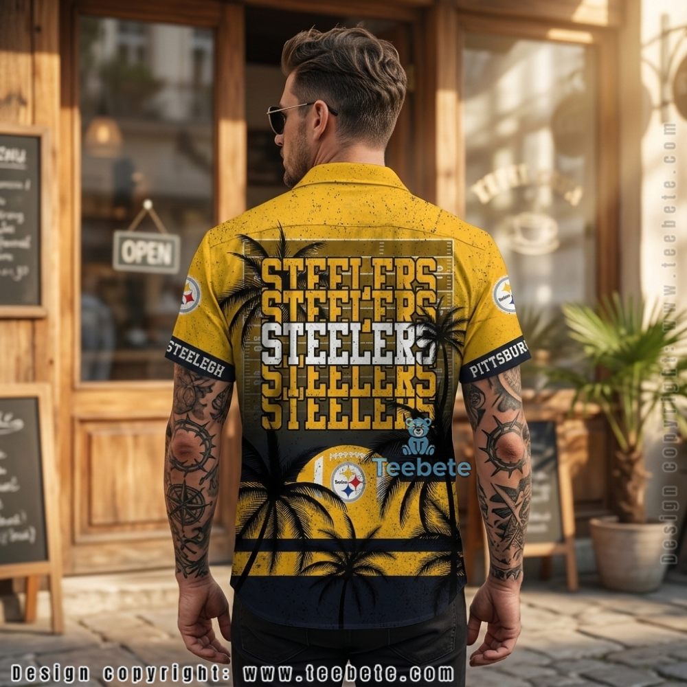 Pittsburgh Steelers Summer Aloha Shirt With Black Palm Tree Silhouettes Version 2 Pittsburgh Steelers Summer Aloha Shirt With Black Palm Tree Silhouettes Version 2