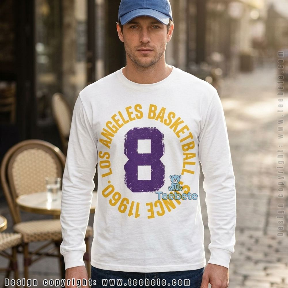 Retro LA Basketball Purple Gold Number 8 Fan Long Sleeve Retro LA Basketball Purple Gold Number 8 Fan Long Sleeve