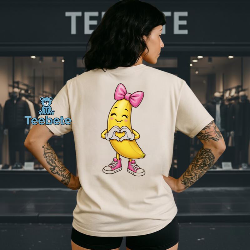 Cute Banana Girl With Pink Bow Heart Hands Funny Fruit Shirt