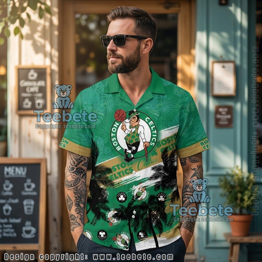 Boston Celtics Golden Brush Pattern Hawaiian Shirt