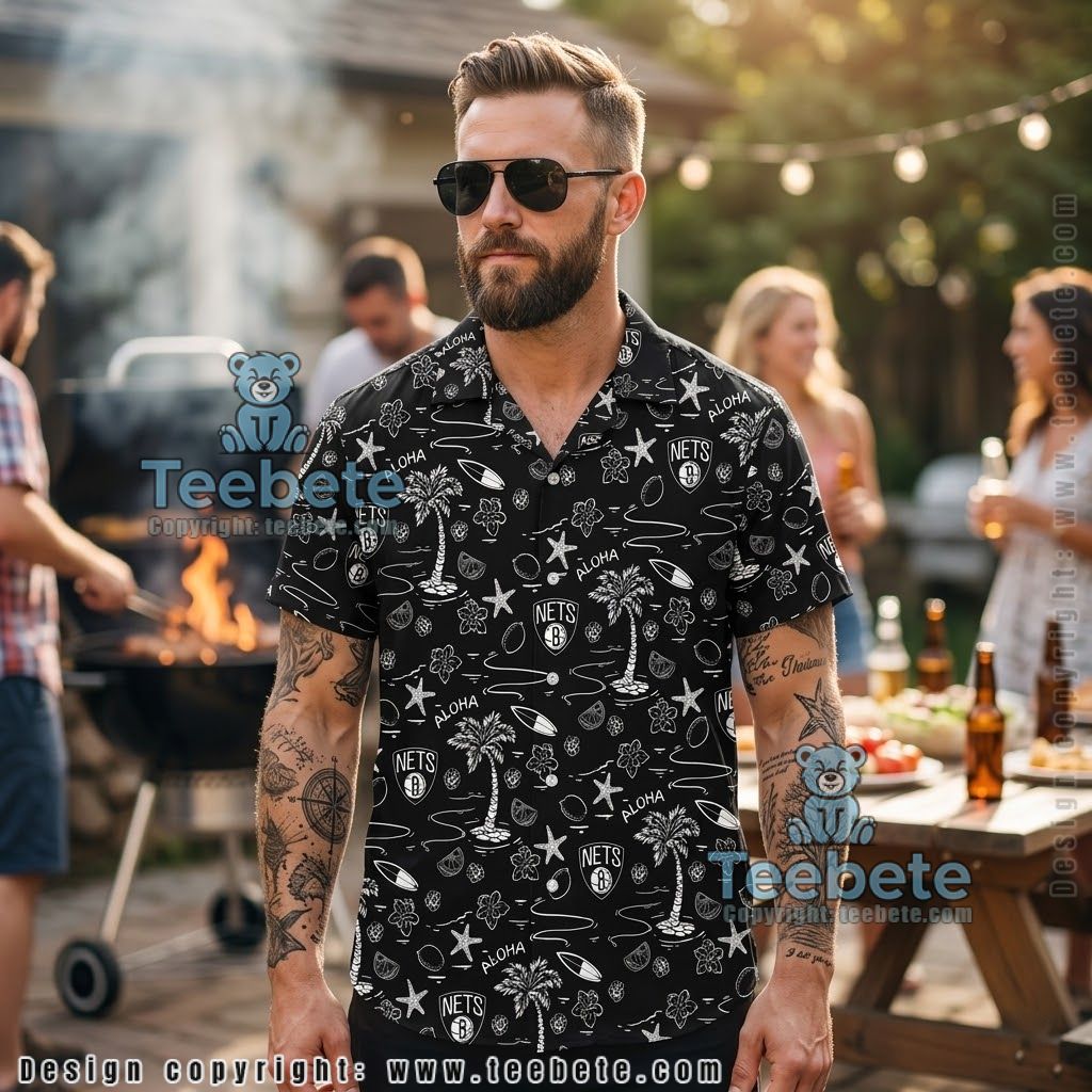 Brooklyn Nets Black Palm Tropical Aloha Shirt