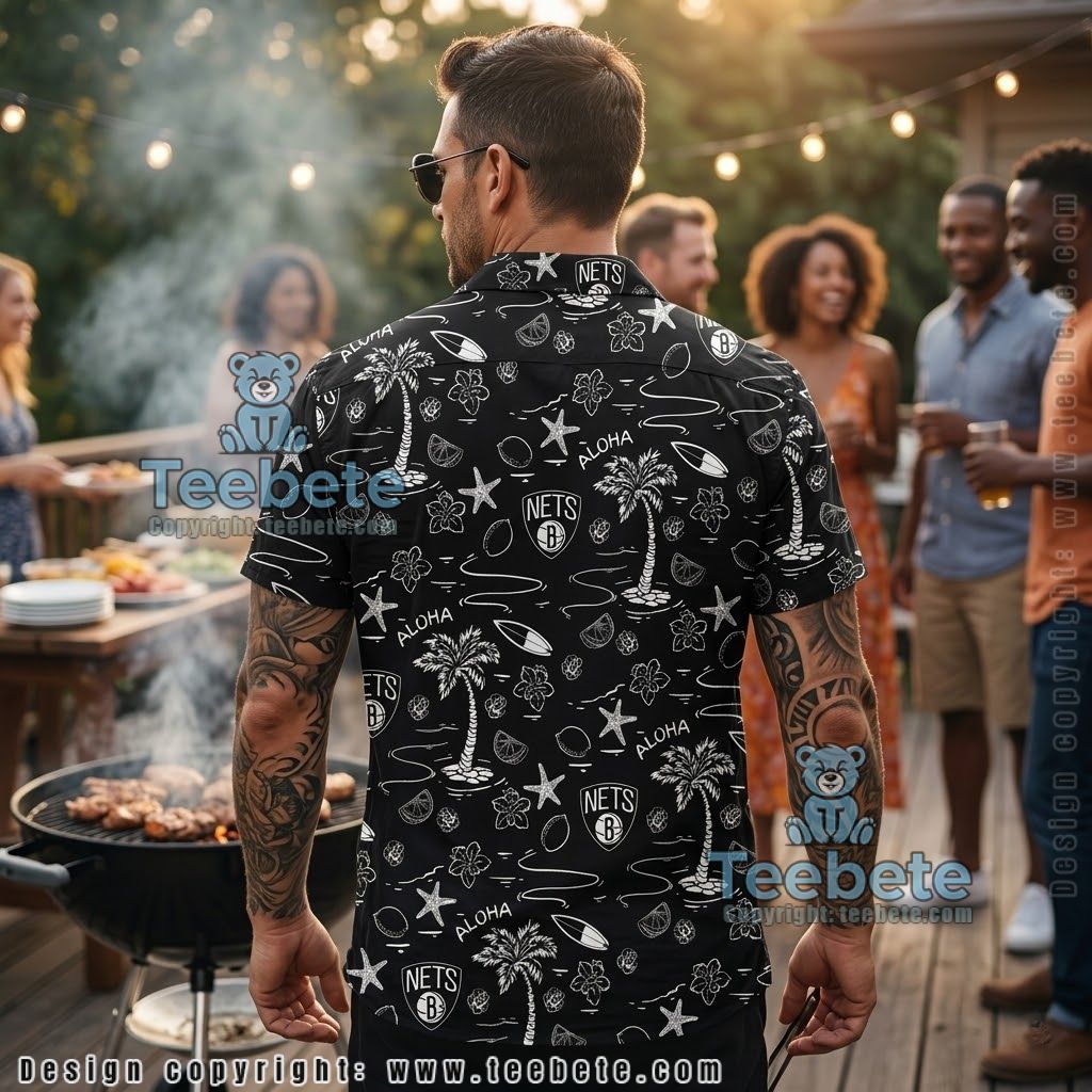 Brooklyn Nets Black Palm Tropical Aloha Shirt Version 2 Brooklyn Nets Black Palm Tropical Aloha Shirt Version 2