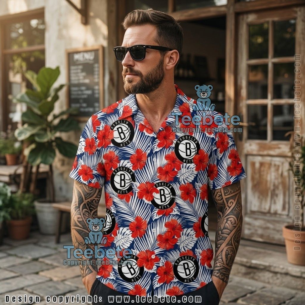 Brooklyn Nets Crimson Hibiscus Hawaiian Shirt