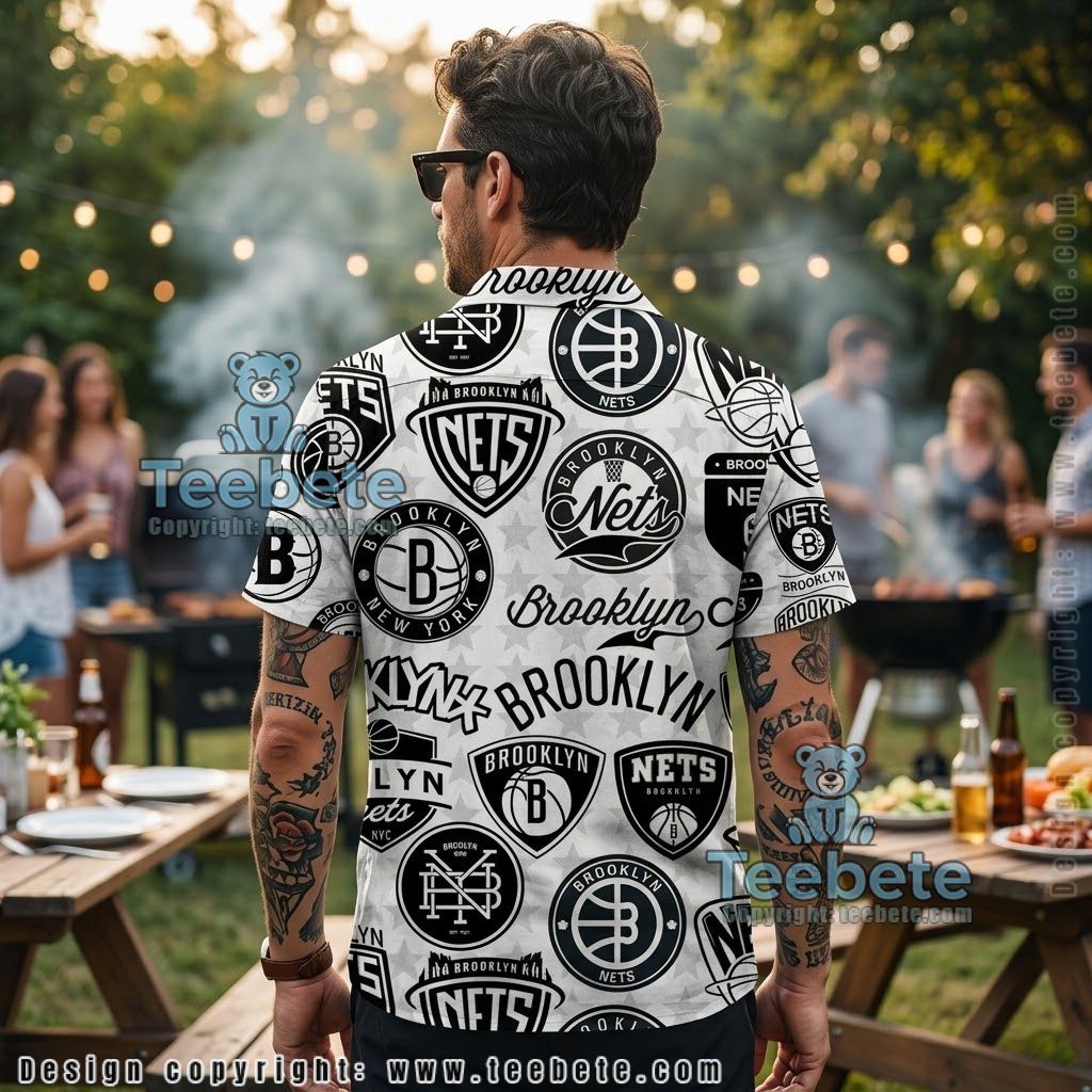 Brooklyn Nets Repeating Logo Hawaiian Shirt Version 2 Brooklyn Nets Repeating Logo Hawaiian Shirt Version 2