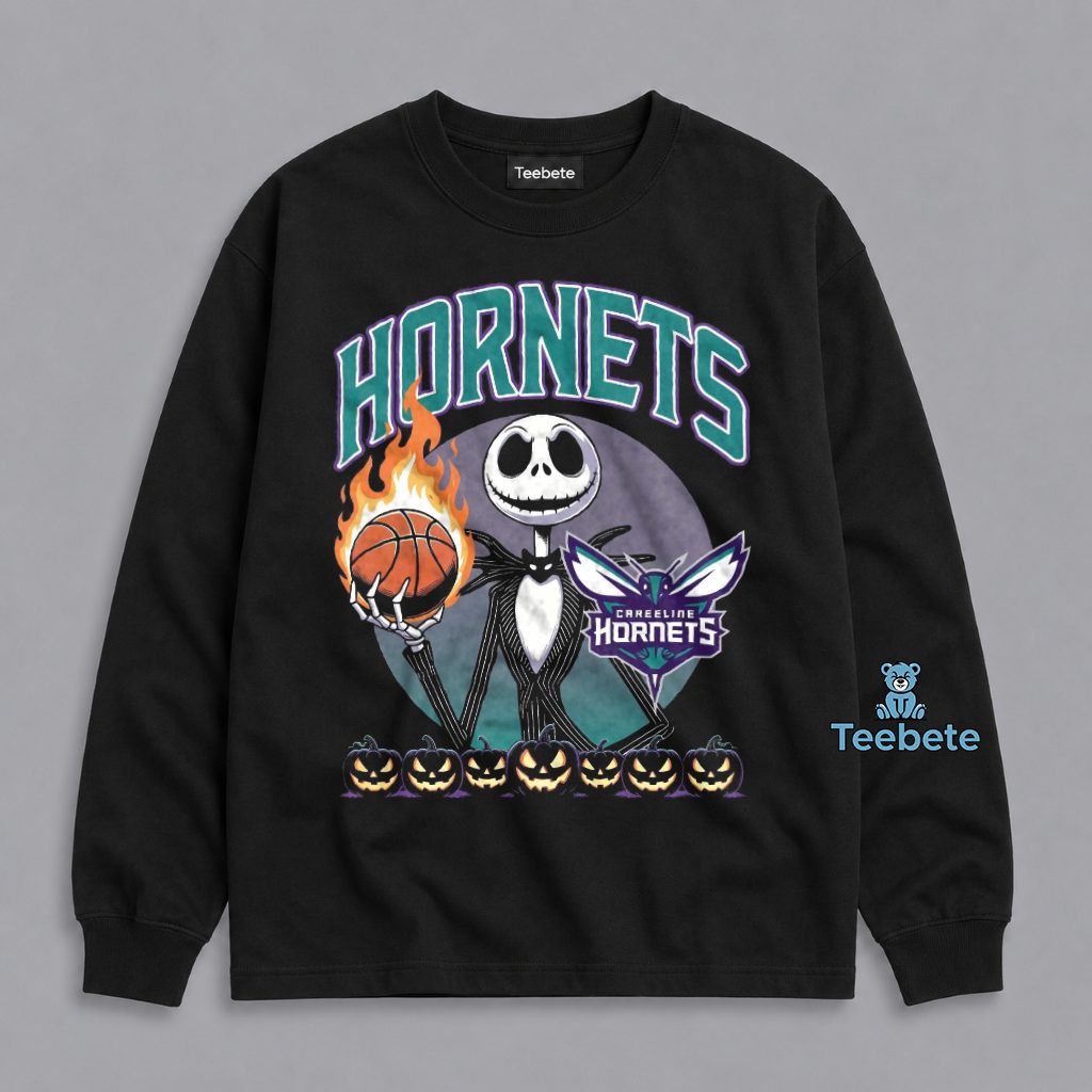Charlotte Hornets Jack Skellington Nightmare Halloween Basketball Long Sleeve Charlotte Hornets Jack Skellington Nightmare Halloween Basketball Long Sleeve