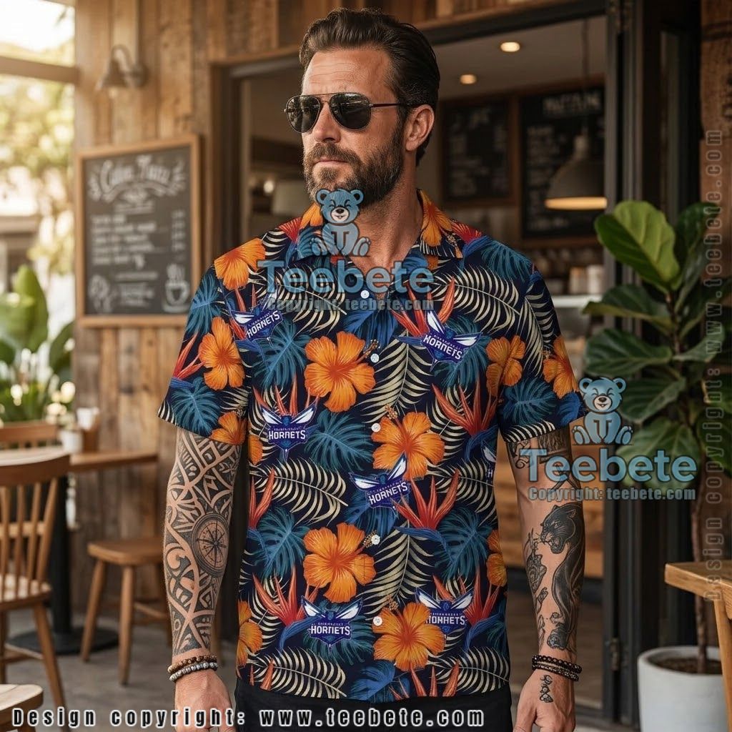 Charlotte Hornets Orange Hibiscus Hawaiian Shirt