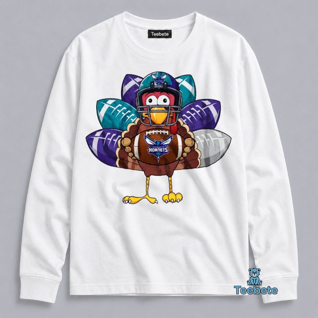 Charlotte Hornets Thanksgiving Turkey Football Helmet Fan Long Sleeve Charlotte Hornets Thanksgiving Turkey Football Helmet Fan Long Sleeve