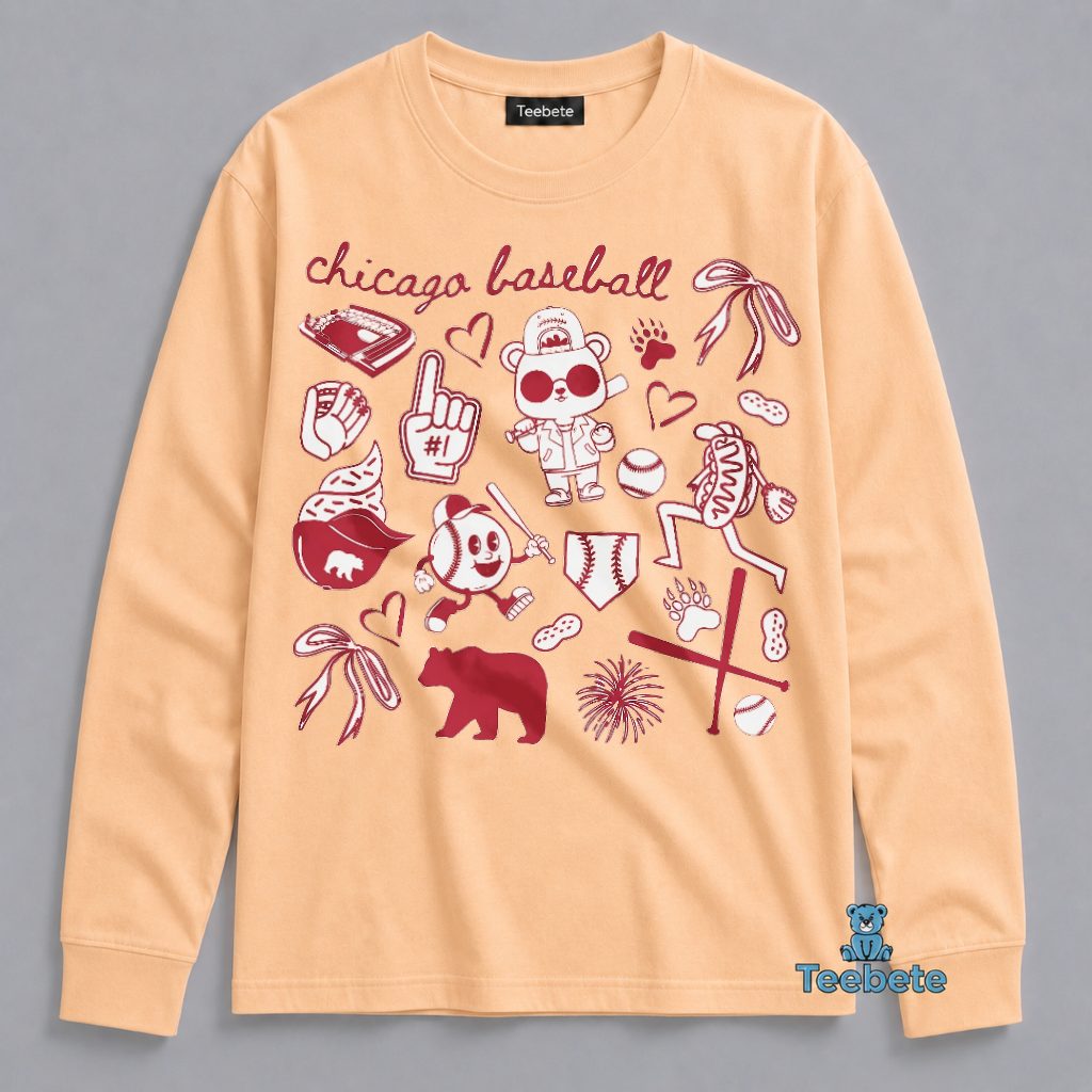Chicago Baseball Cute Doodle Bear Fan Game Day Women Long Sleeve Chicago Baseball Cute Doodle Bear Fan Game Day Women Long Sleeve