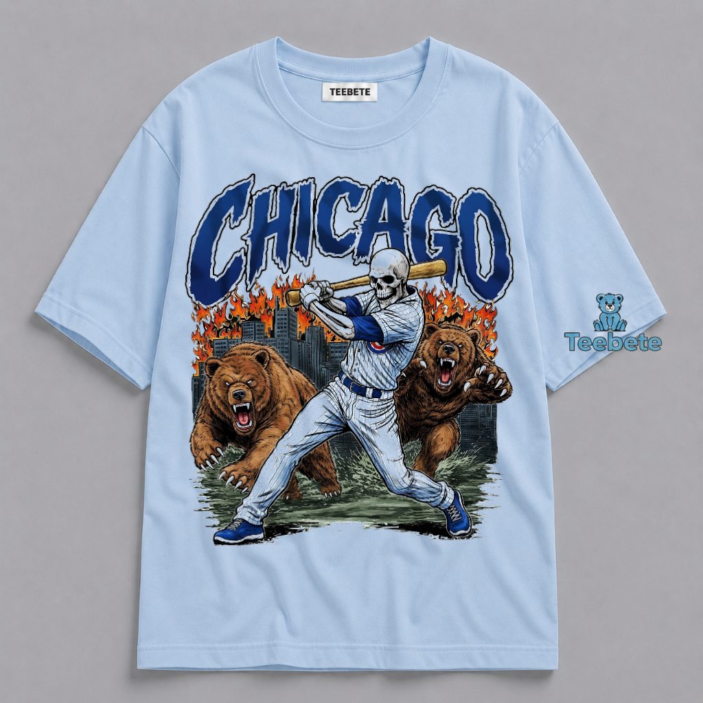 Chicago Cubs Baseball Skeleton Batter Wild Bear Fire Vintage Shirt