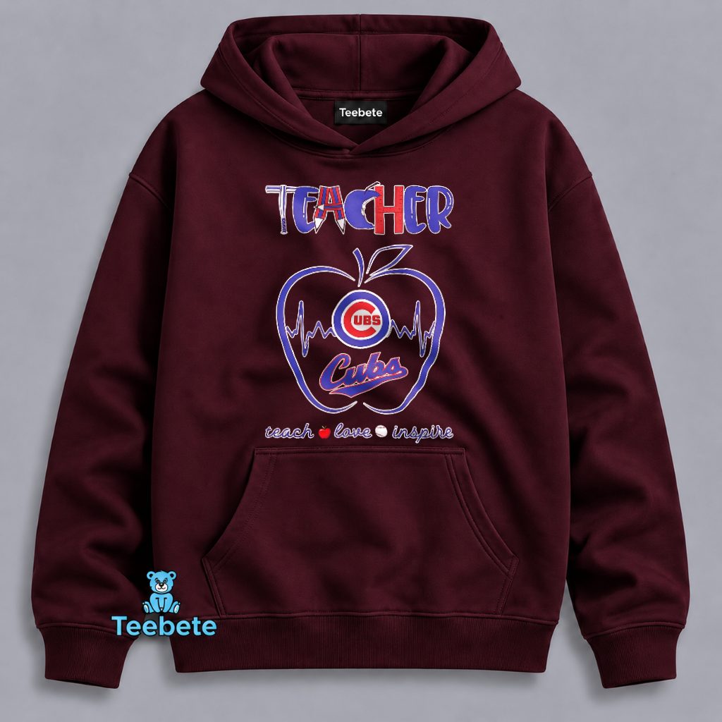 Chicago Cubs Teacher Teach Love Inspire Apple Heartbeat Hoodie Chicago Cubs Teacher Teach Love Inspire Apple Heartbeat Hoodie