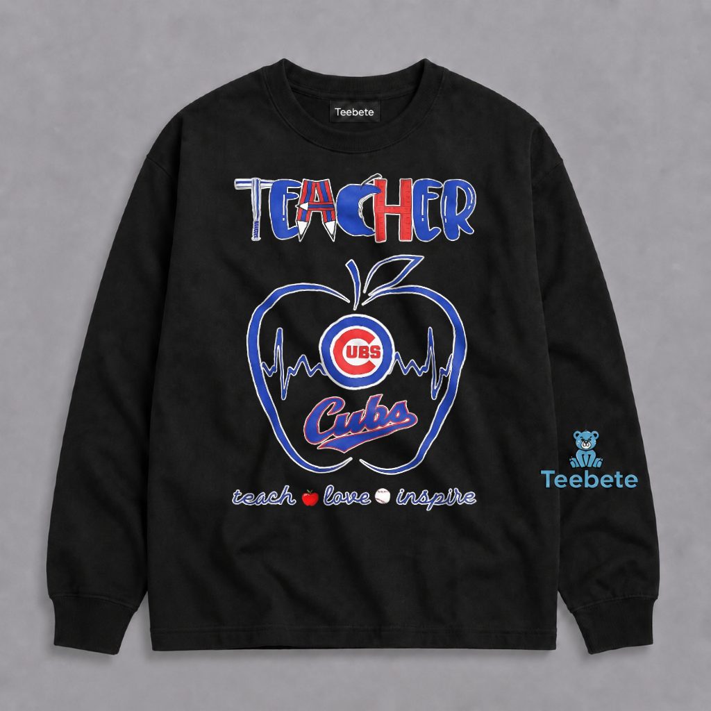 Chicago Cubs Teacher Teach Love Inspire Apple Heartbeat Long Sleeve Chicago Cubs Teacher Teach Love Inspire Apple Heartbeat Long Sleeve