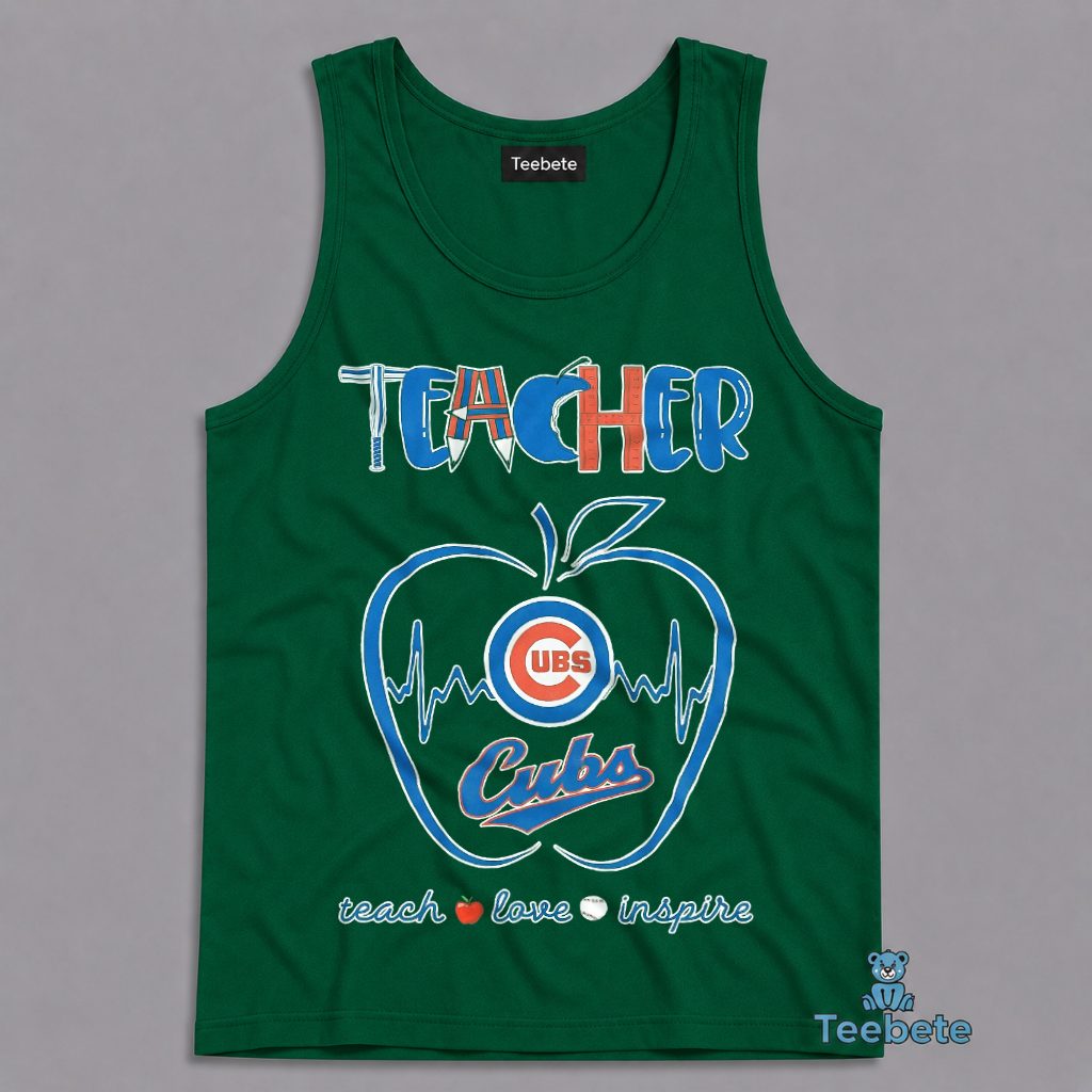 Chicago Cubs Teacher Teach Love Inspire Apple Heartbeat Tanktop Chicago Cubs Teacher Teach Love Inspire Apple Heartbeat Tanktop