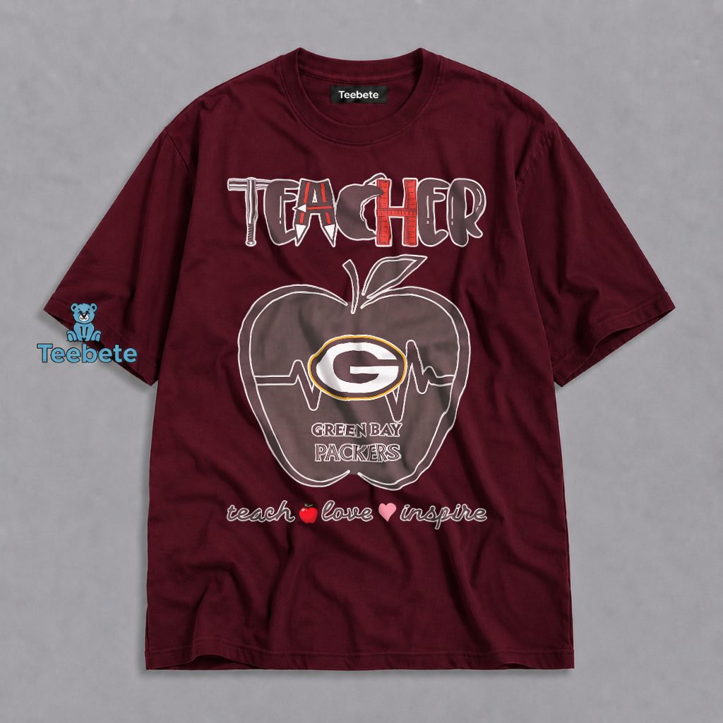 Packers Teacher Teach Love Inspire Apple Heartbeat Shirt