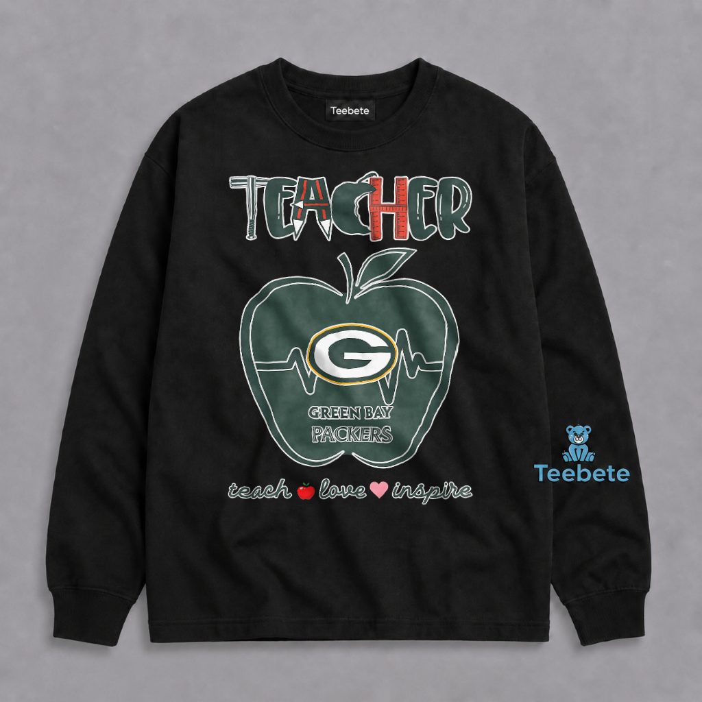 Packers Teacher Teach Love Inspire Apple Heartbeat Long Sleeve Packers Teacher Teach Love Inspire Apple Heartbeat Long Sleeve