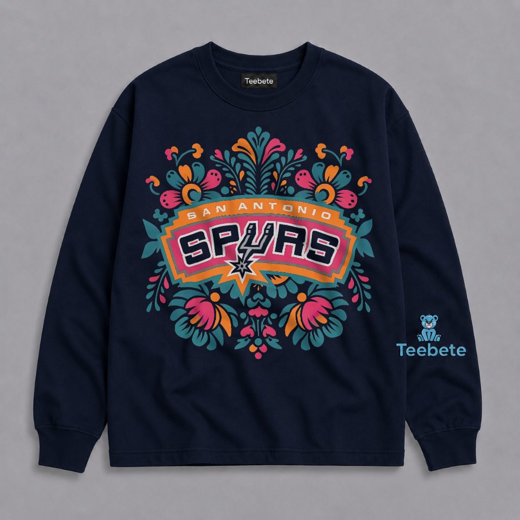 San Antonio Spurs Floral Folk Art Colorful Logo Long Sleeve San Antonio Spurs Floral Folk Art Colorful Logo Long Sleeve