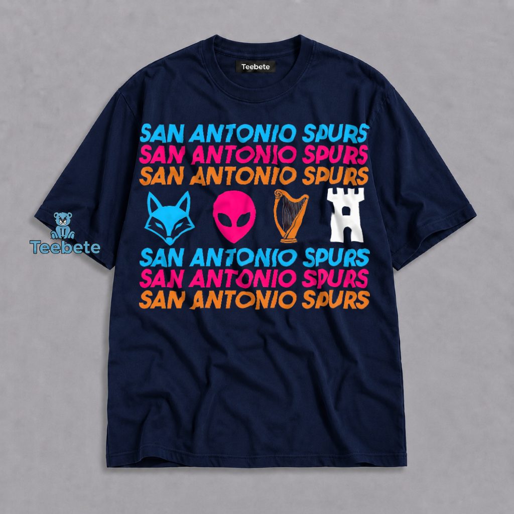 San Antonio Spurs Repeat Text Coyote Alien Harp Castle Icons Colorful Shirt