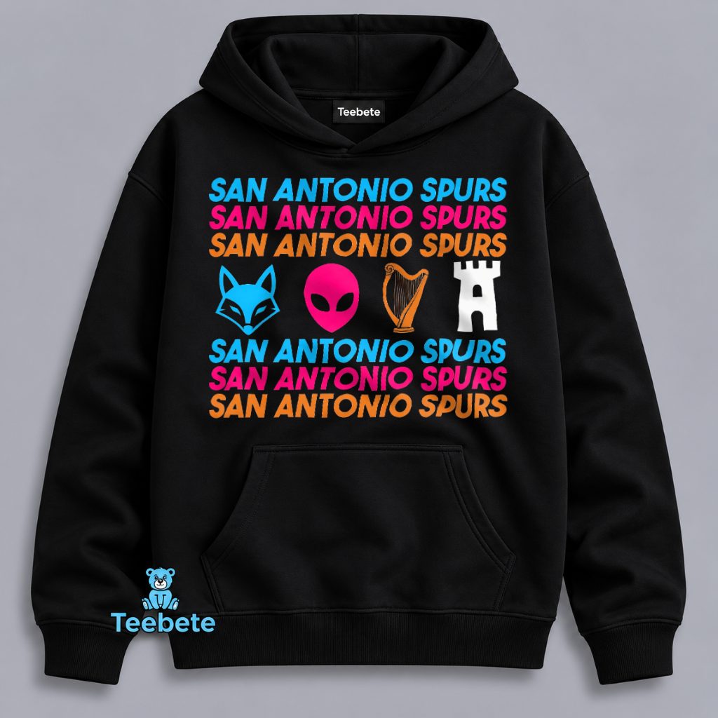 San Antonio Spurs Repeat Text Coyote Alien Harp Castle Icons Colorful Hoodie San Antonio Spurs Repeat Text Coyote Alien Harp Castle Icons Colorful Hoodie