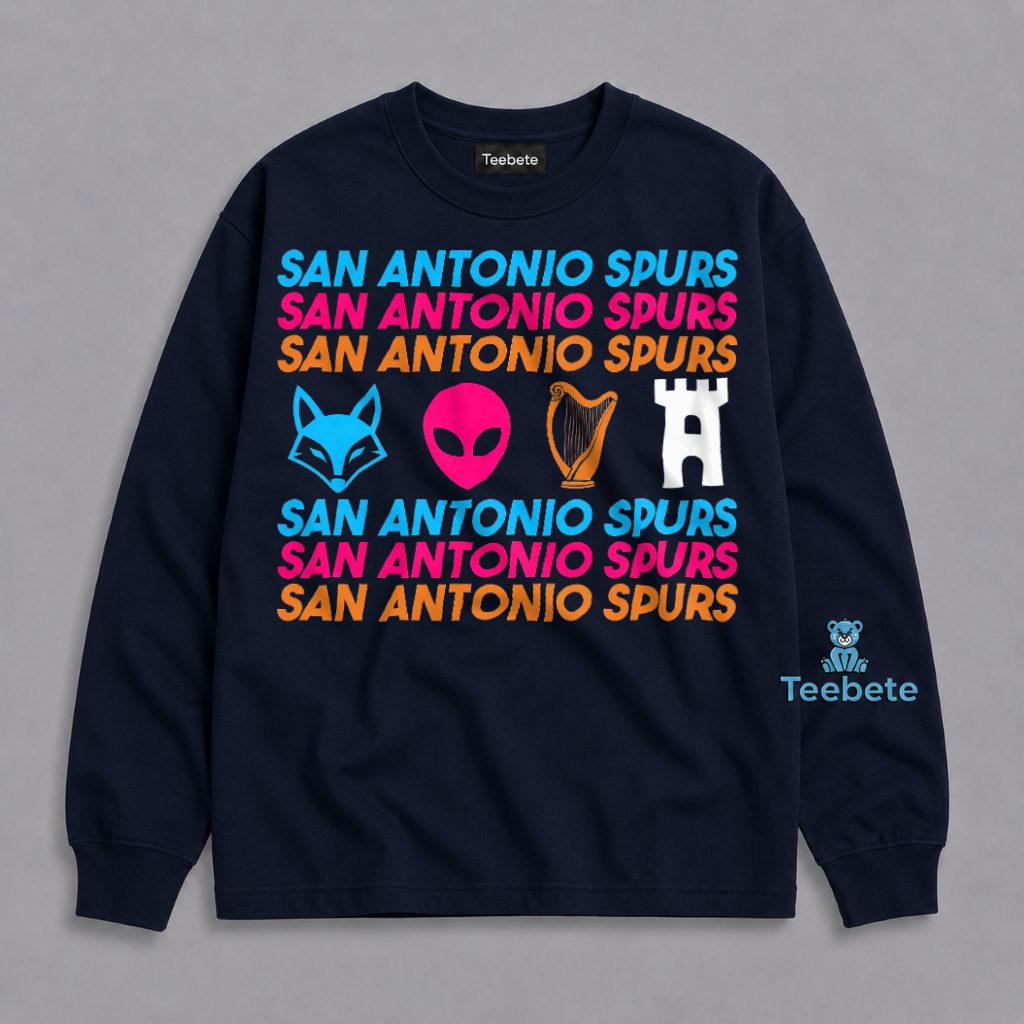 San Antonio Spurs Repeat Text Coyote Alien Harp Castle Icons Colorful Long Sleeve San Antonio Spurs Repeat Text Coyote Alien Harp Castle Icons Colorful Long Sleeve