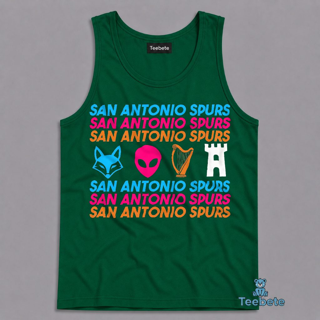 San Antonio Spurs Repeat Text Coyote Alien Harp Castle Icons Colorful Tanktop San Antonio Spurs Repeat Text Coyote Alien Harp Castle Icons Colorful Tanktop