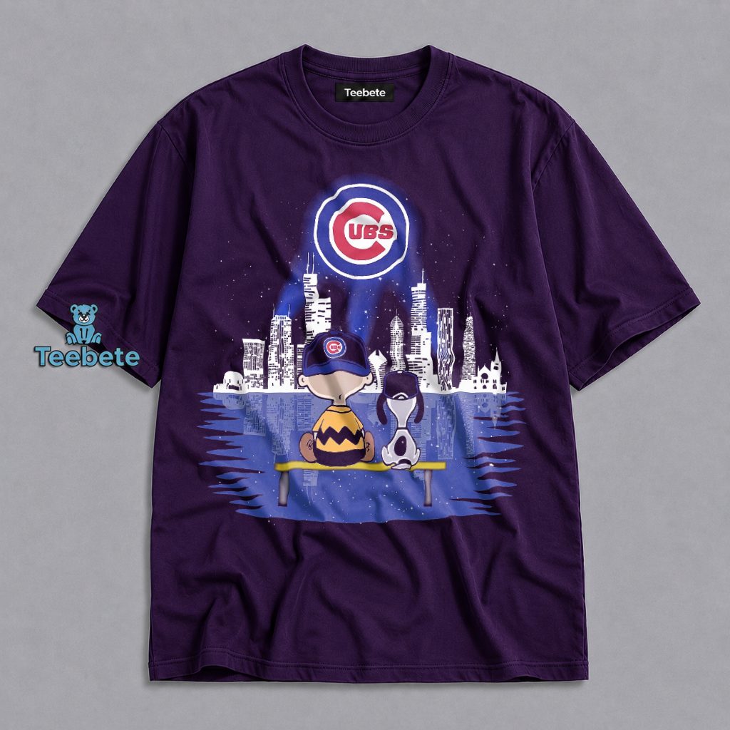 Snoopy Charlie Brown Watching Cubs Chicago Skyline Night Fan Shirt