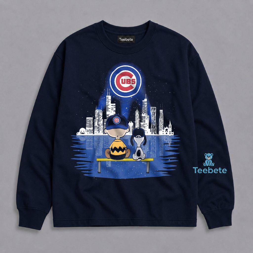 Snoopy Charlie Brown Watching Cubs Chicago Skyline Night Fan Long Sleeve Snoopy Charlie Brown Watching Cubs Chicago Skyline Night Fan Long Sleeve