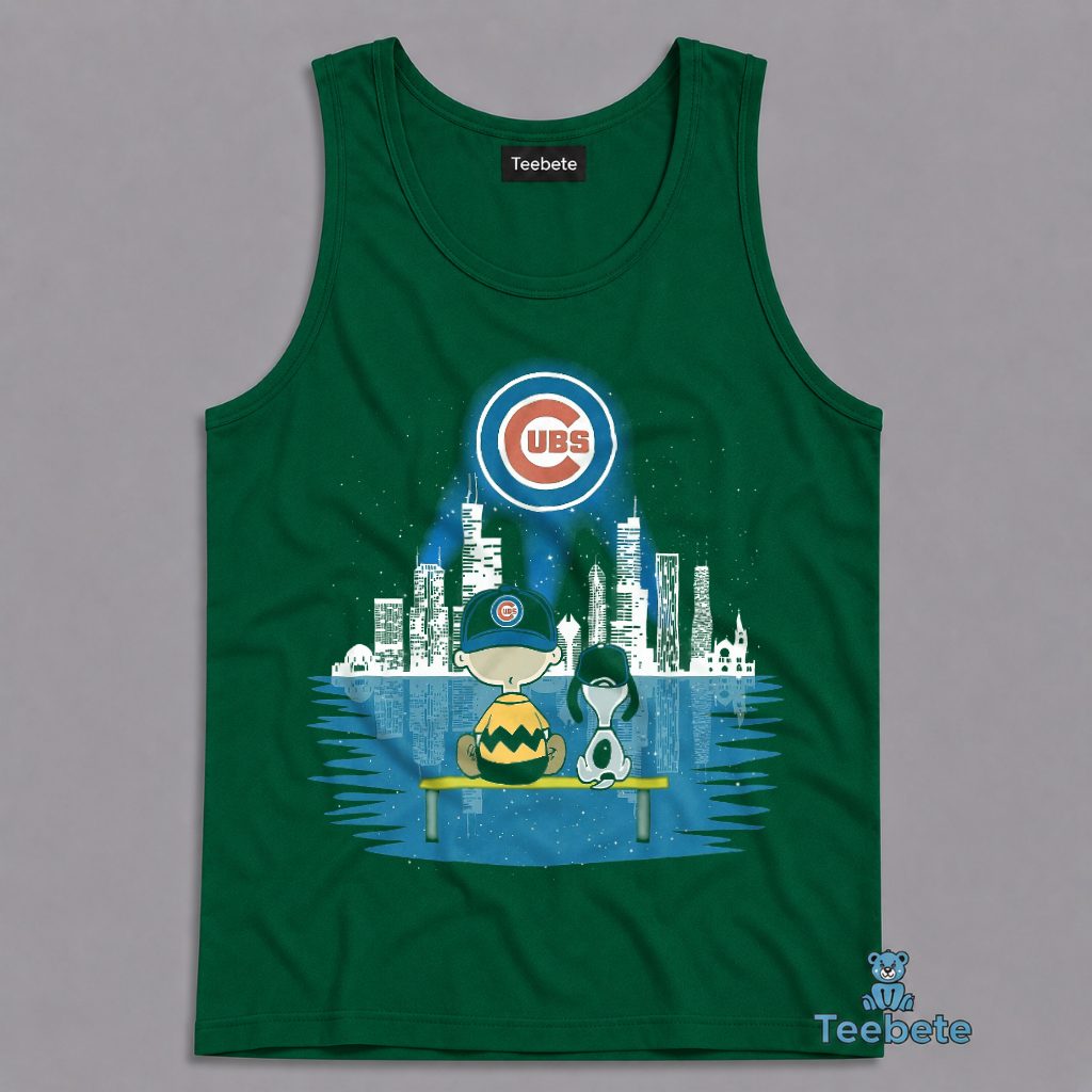 Snoopy Charlie Brown Watching Cubs Chicago Skyline Night Fan Tanktop Snoopy Charlie Brown Watching Cubs Chicago Skyline Night Fan Tanktop