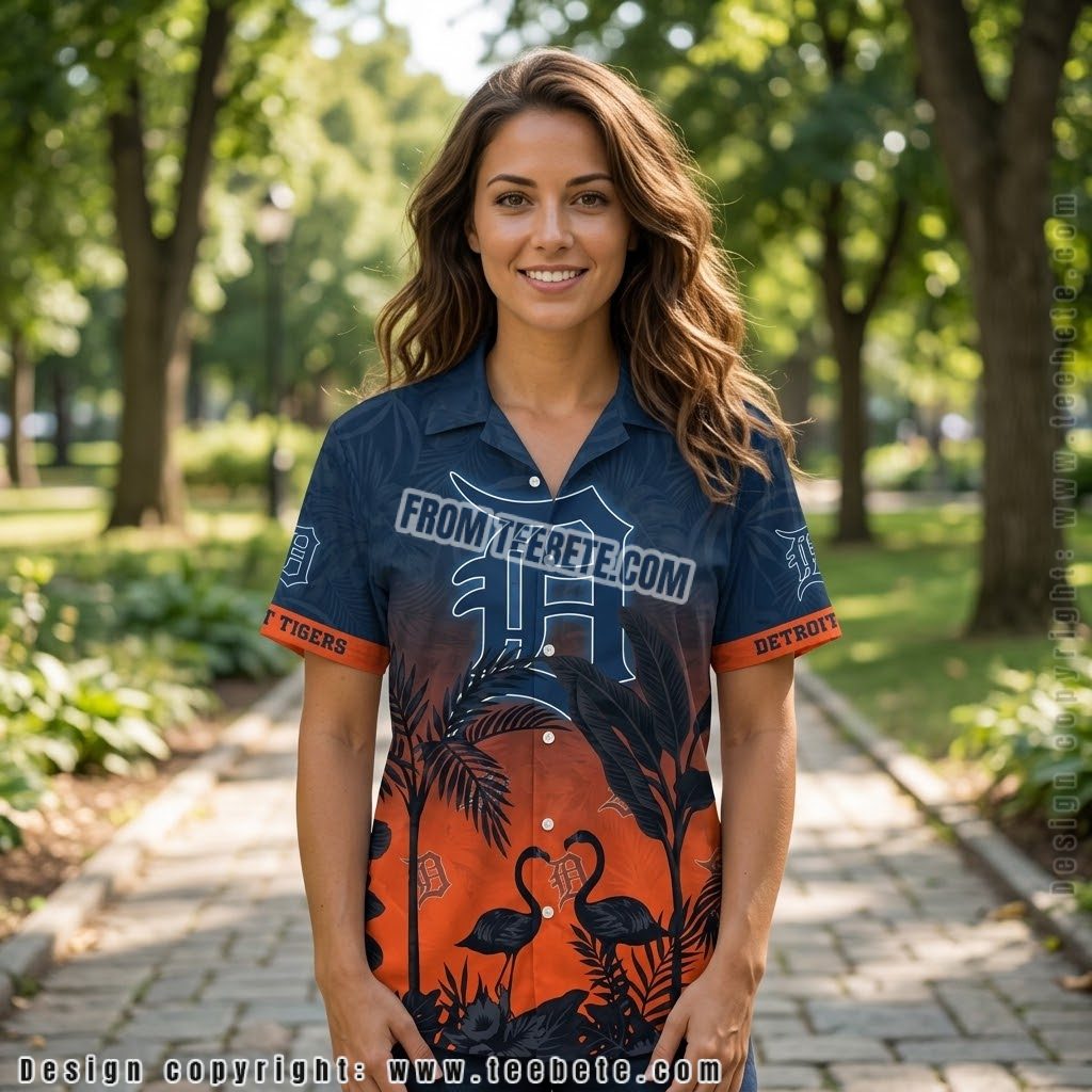 Detroit Tigers Flamingo Sunset Aloha Shirt