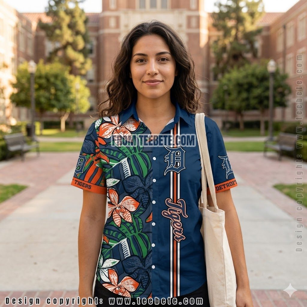 Detroit Tigers Floral Stripe Hawaiian Shirt