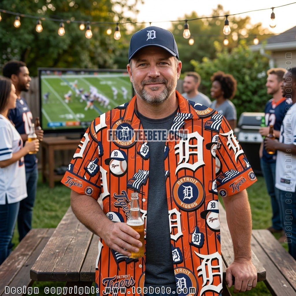 Detroit Tigers Logo Pinstripe Hawaiian Shirt