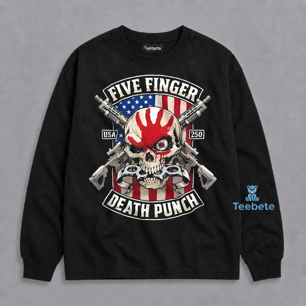 Five Finger Death Punch USA 250 Patriotic Skull Crossed Guns Long Sleeve Five Finger Death Punch USA 250 Patriotic Skull Crossed Guns Long Sleeve