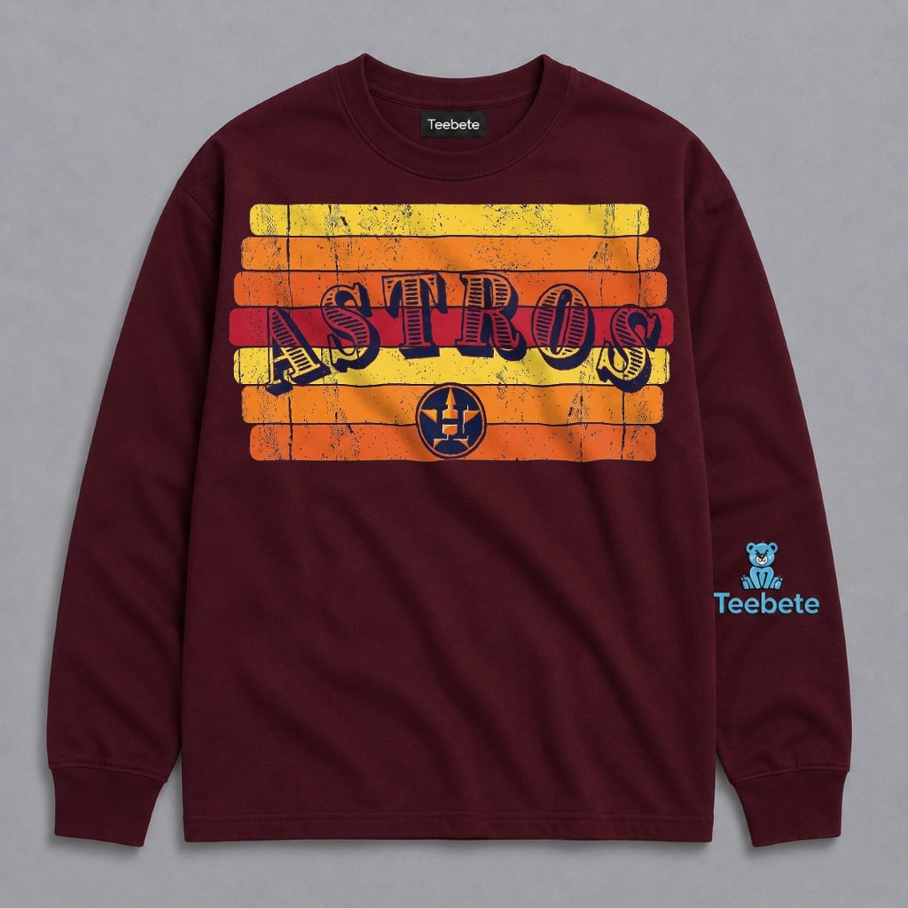 Houston Astros Retro Rainbow Stripes Distressed Logo Long Sleeve Houston Astros Retro Rainbow Stripes Distressed Logo Long Sleeve