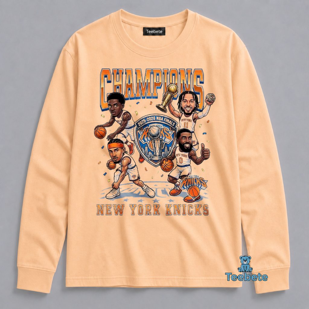 New York Knicks 2025 2026 Finals Champions Trophy Caricature Long Sleeve New York Knicks 2025 2026 Finals Champions Trophy Caricature Long Sleeve