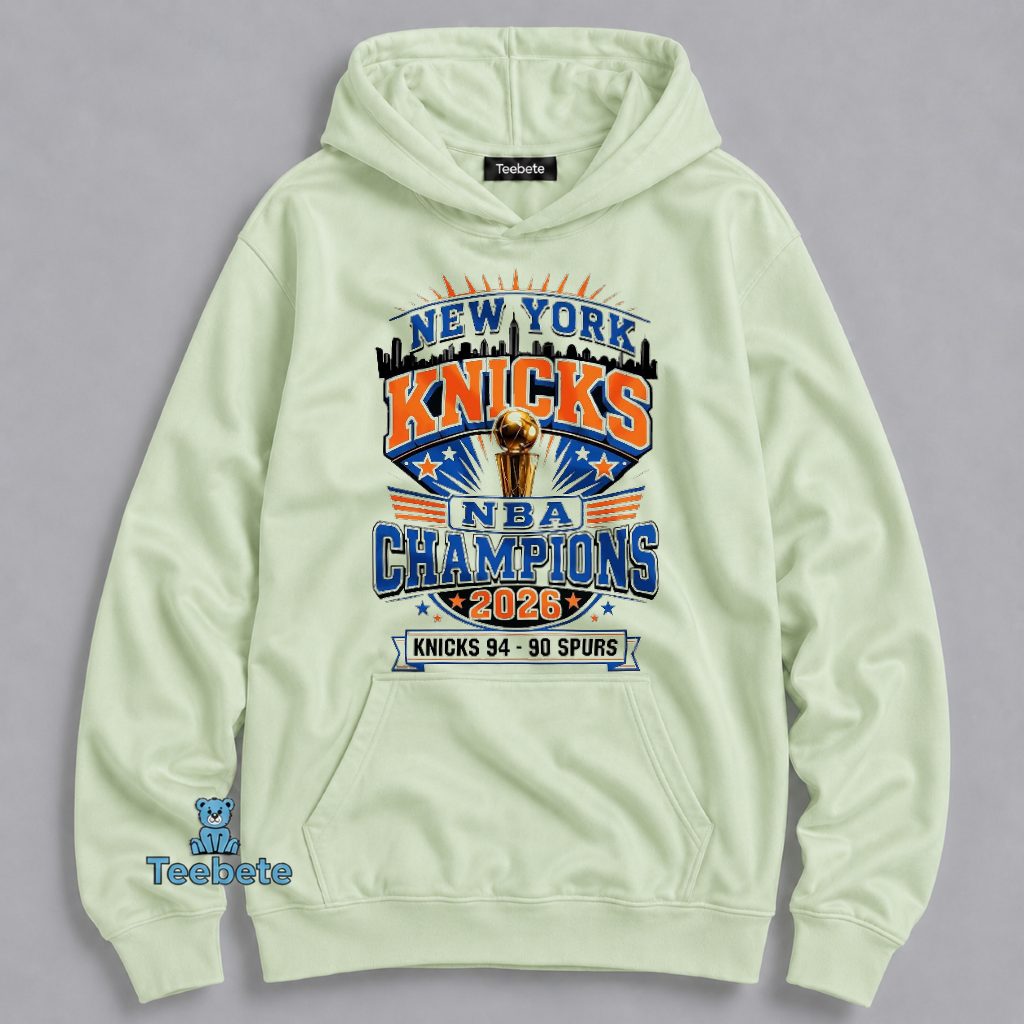 New York Knicks 2026 NBA Champions Beat Spurs 94 90 Trophy Hoodie New York Knicks 2026 NBA Champions Beat Spurs 94 90 Trophy Hoodie