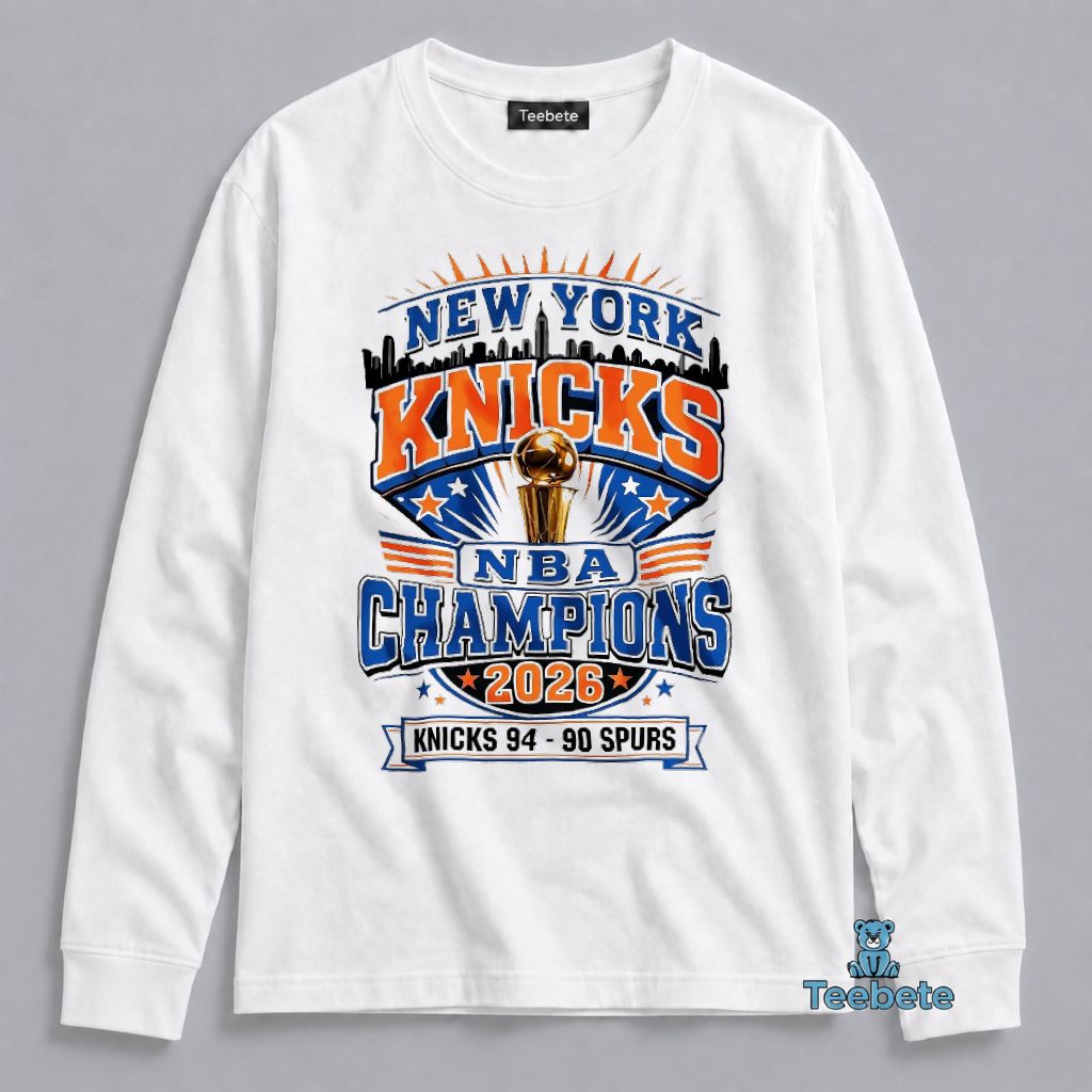 New York Knicks 2026 NBA Champions Beat Spurs 94 90 Trophy Long Sleeve New York Knicks 2026 NBA Champions Beat Spurs 94 90 Trophy Long Sleeve