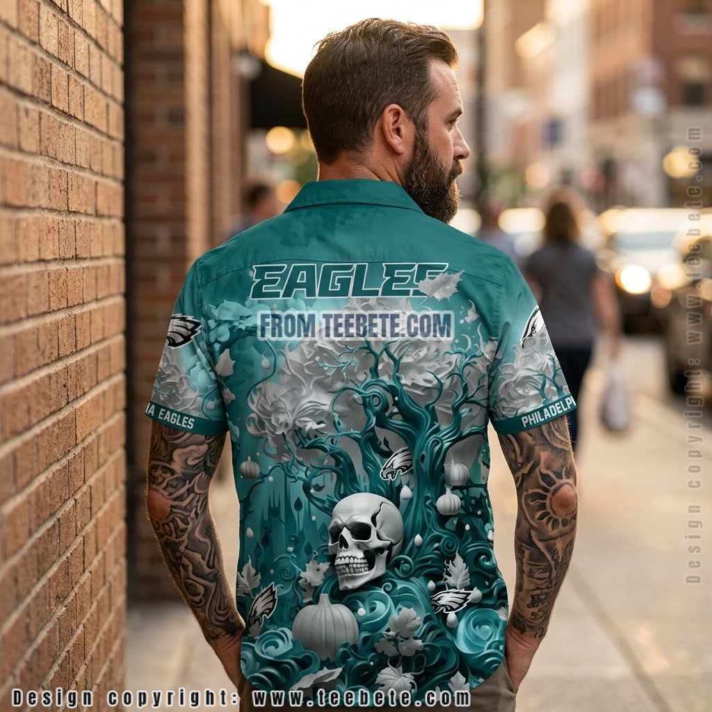 Philadelphia Eagles Skull Pumpkin Hawaiian Shirt Version 2 Philadelphia Eagles Skull Pumpkin Hawaiian Shirt Version 2