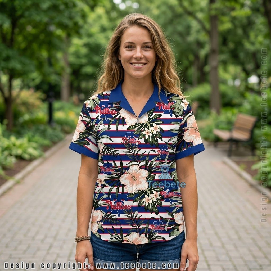 Striped Peach Hibiscus Philadelphia Phillies Tropical Shirt
