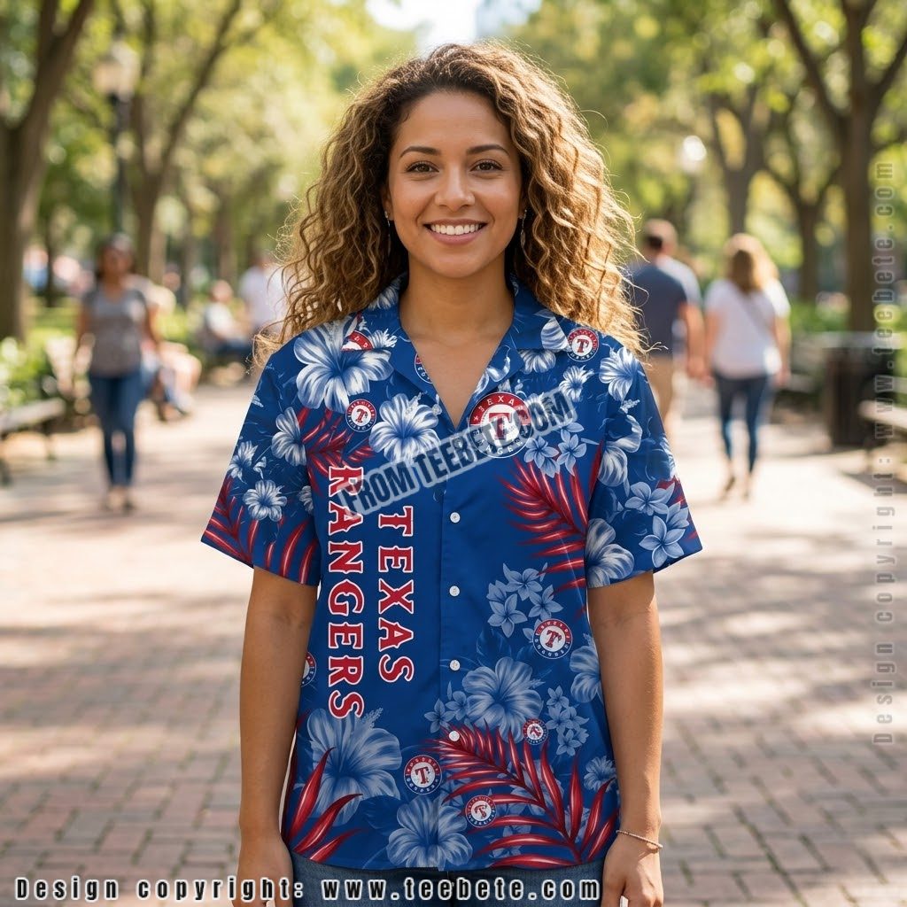 Texas Rangers Blue Hibiscus Vertical Hawaiian Shirt