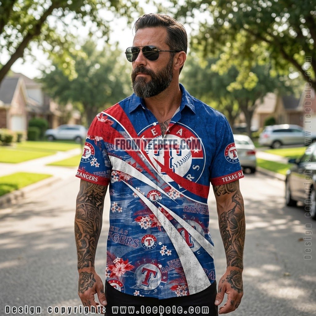 Texas Rangers Grunge Curved Hawaiian Shirt
