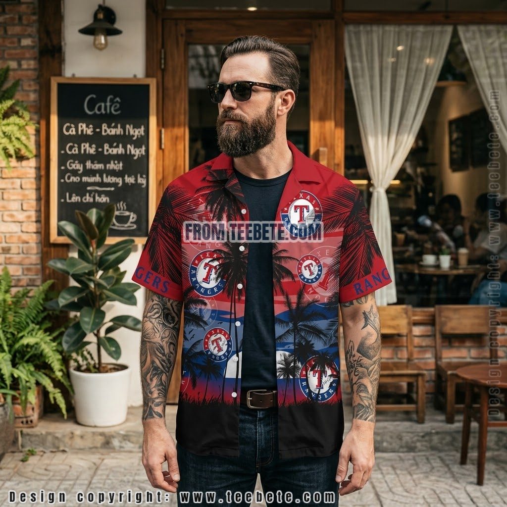 Texas Rangers Moonlight Palm Hawaiian Shirt