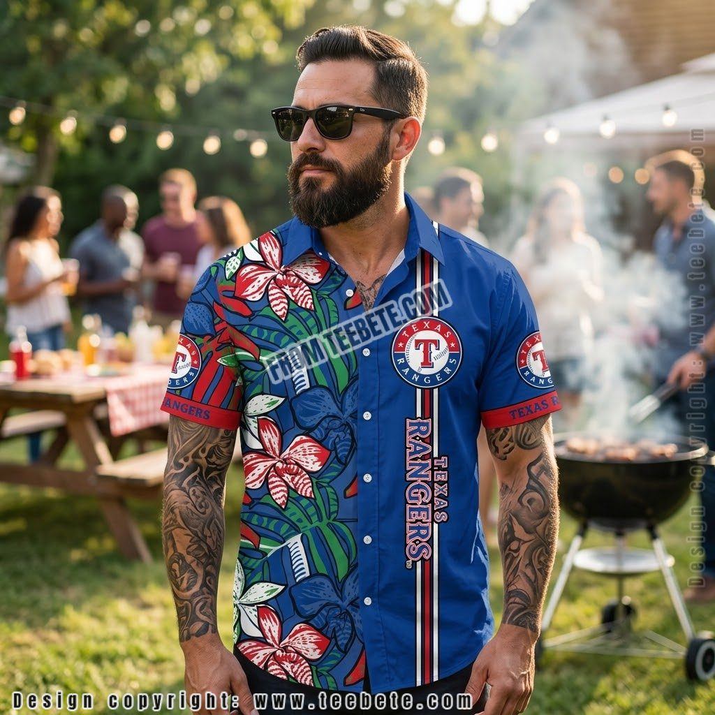 Texas Rangers Side Floral Stripe Hawaiian Shirt